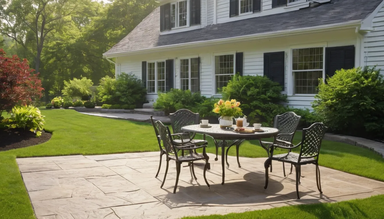 Homeowners relaxing on a new stamped concrete patio behind a house near Haymarket